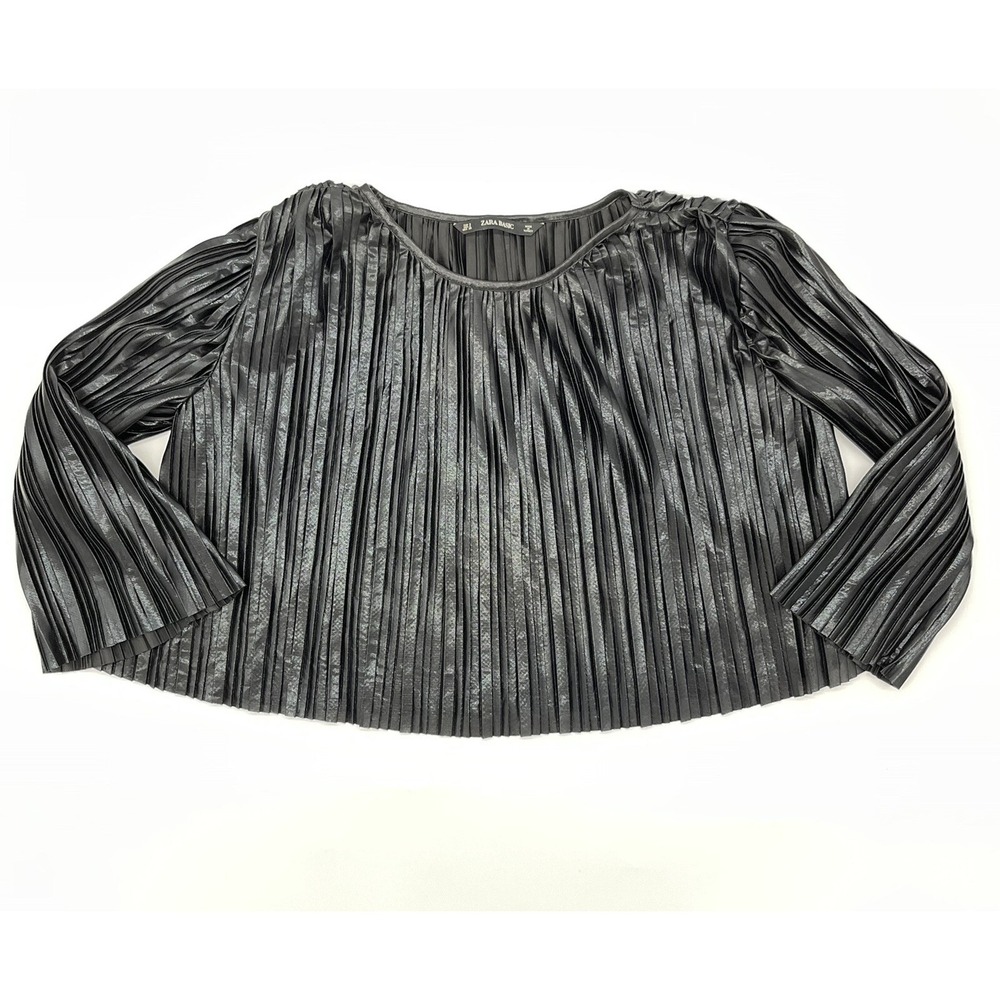 Zara Black Metallic Pleated 3/4 Sleeve Blouse Women's Size Small